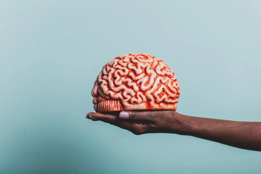 Black female hand hold human brain on blue background