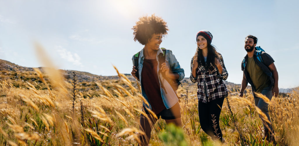 Group of friends on country walk. Young people hiking in countryside.